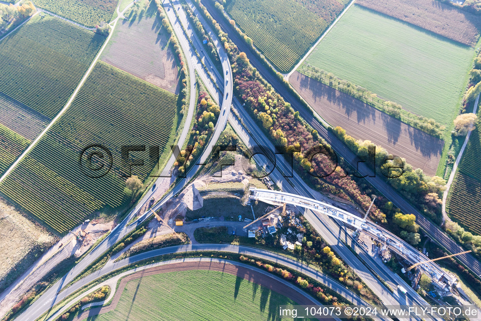 A65 exit Landau-Nord in the district Dammheim in Landau in der Pfalz in the state Rhineland-Palatinate, Germany from above