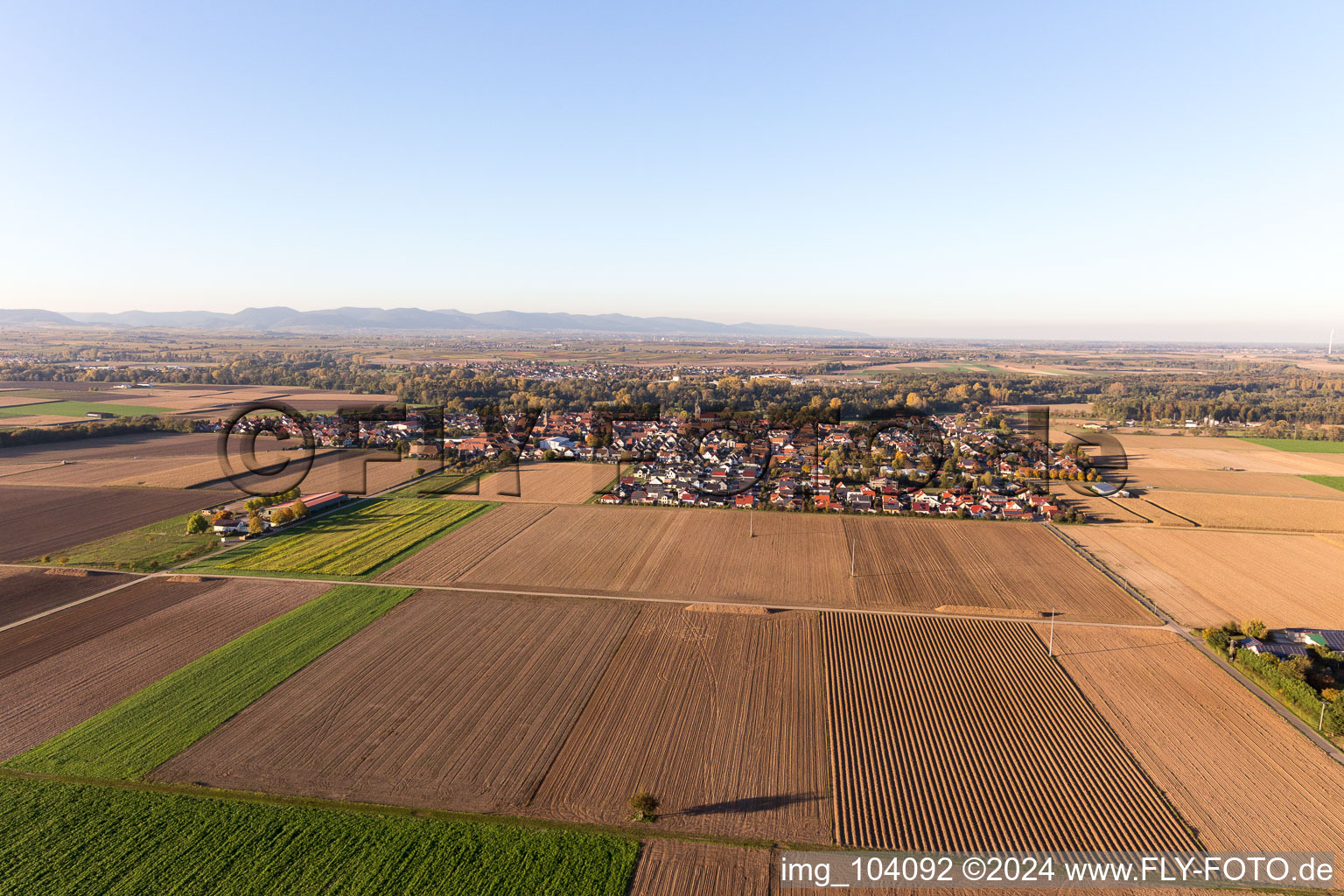 Steinweiler in the state Rhineland-Palatinate, Germany seen from a drone