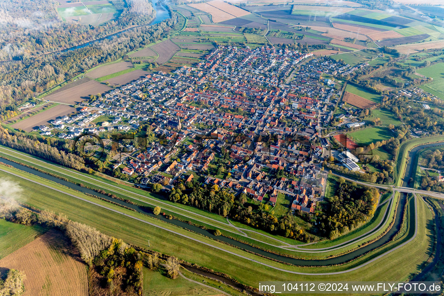 Oblique view of Village view in the district Russheim in Dettenheim in the state Baden-Wurttemberg, Germany