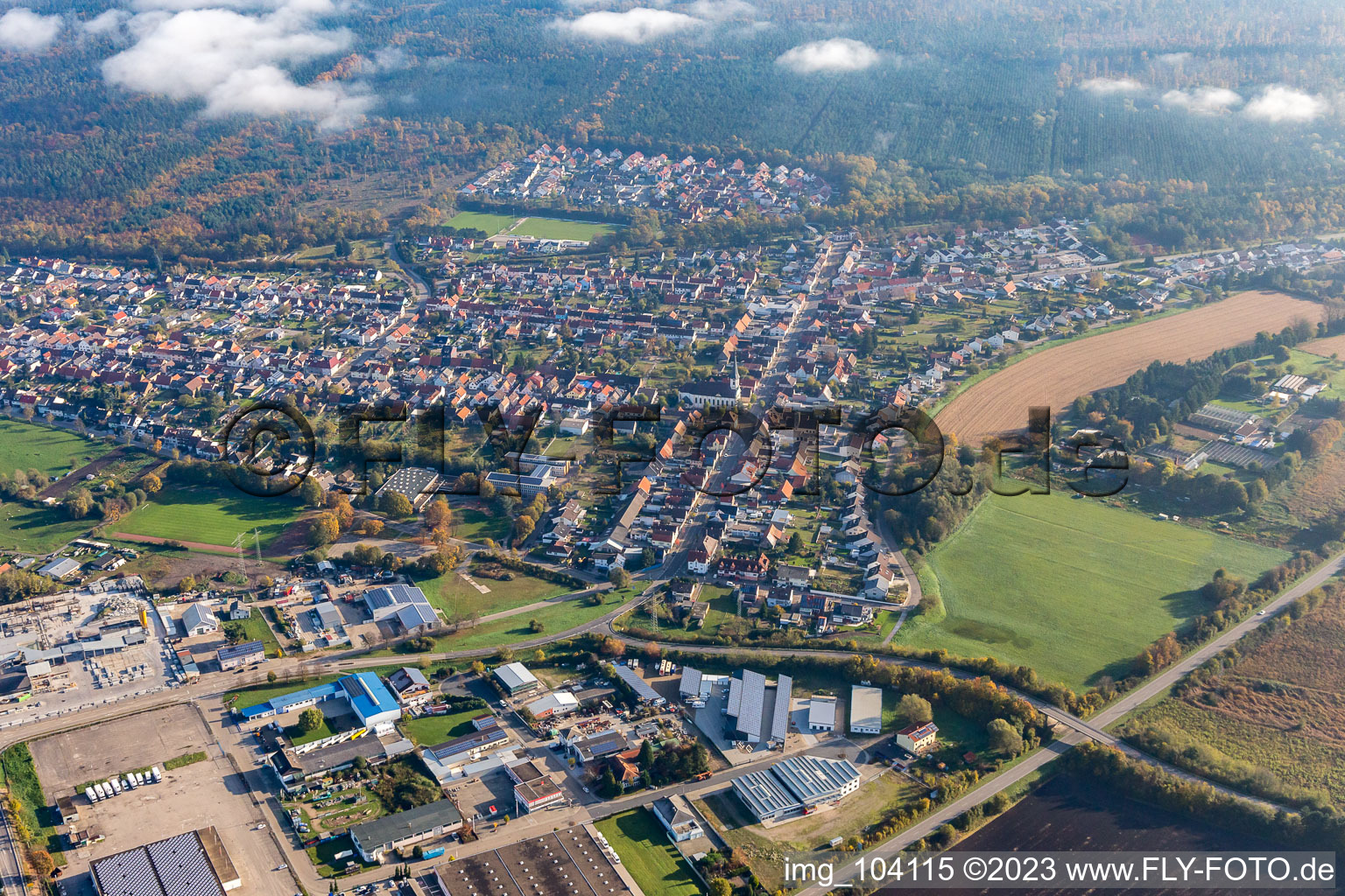 District Huttenheim in Philippsburg in the state Baden-Wuerttemberg, Germany seen from above