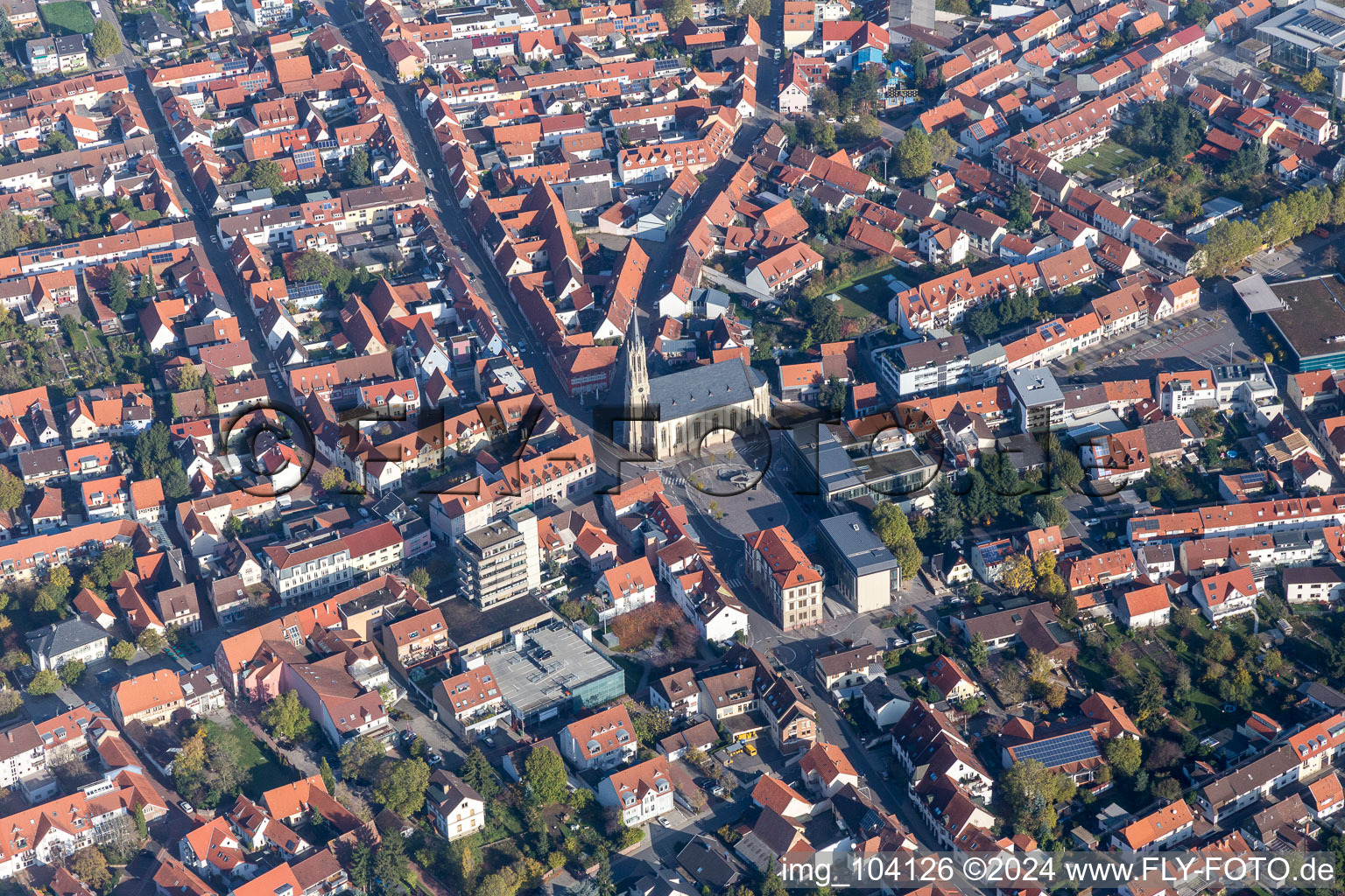 Aerial view of Town View of the streets and houses of the residential areas in Walldorf in the state Baden-Wurttemberg, Germany