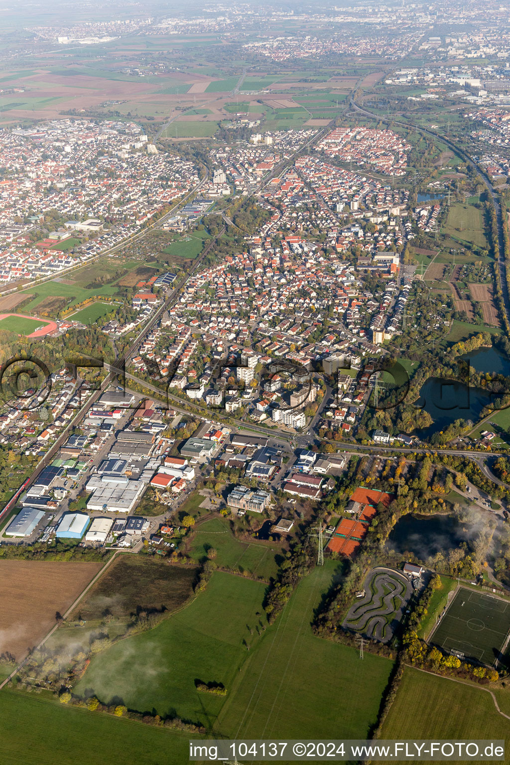 Aerial view of Town View of the streets and houses of the residential areas in the district Sankt Ilgen in Leimen in the state Baden-Wurttemberg, Germany