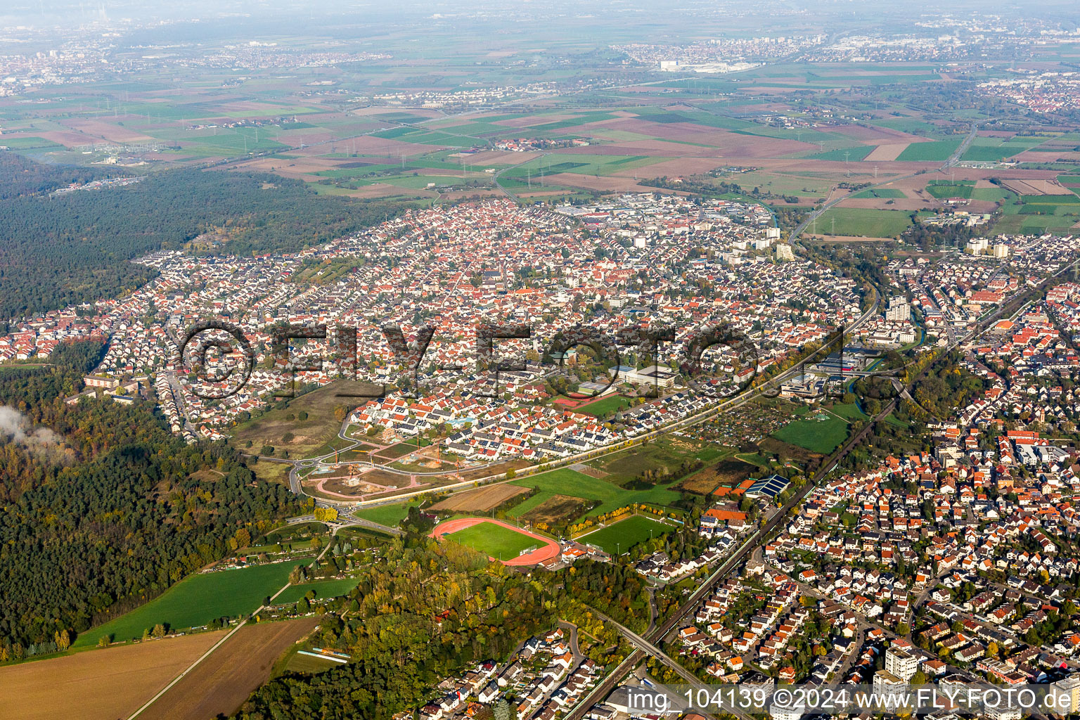 Town View of the streets and houses of the residential areas in Sandhausen in the state Baden-Wurttemberg, Germany