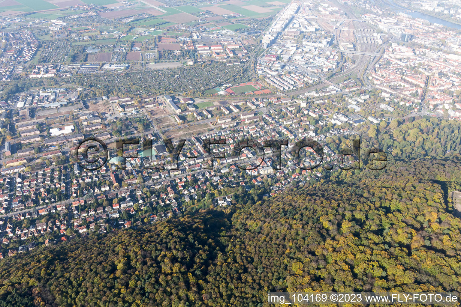 Aerial view of District Südstadt in Heidelberg in the state Baden-Wuerttemberg, Germany