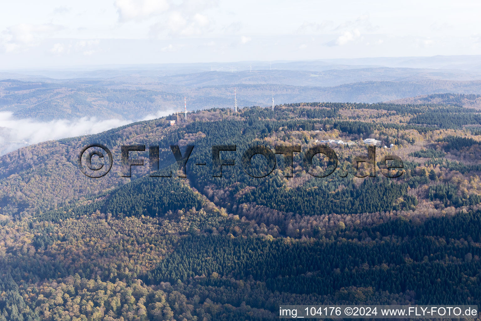 Aerial photograpy of Transmission towers in the district Königstuhl in Heidelberg in the state Baden-Wuerttemberg, Germany