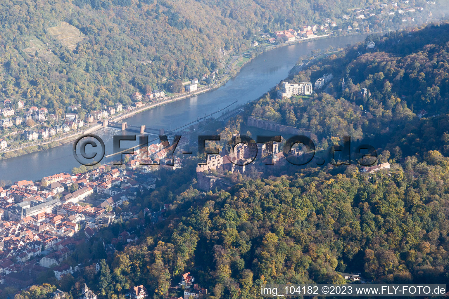 Aerial view of Old town, Old Bridge over the Neckar, Castle in the district Kernaltstadt in Heidelberg in the state Baden-Wuerttemberg, Germany