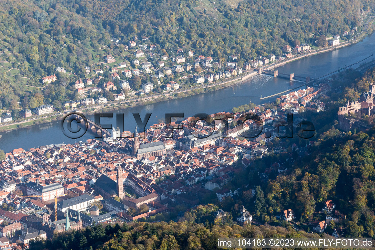 Aerial photograpy of Old town, Old Bridge over the Neckar, Castle in the district Kernaltstadt in Heidelberg in the state Baden-Wuerttemberg, Germany