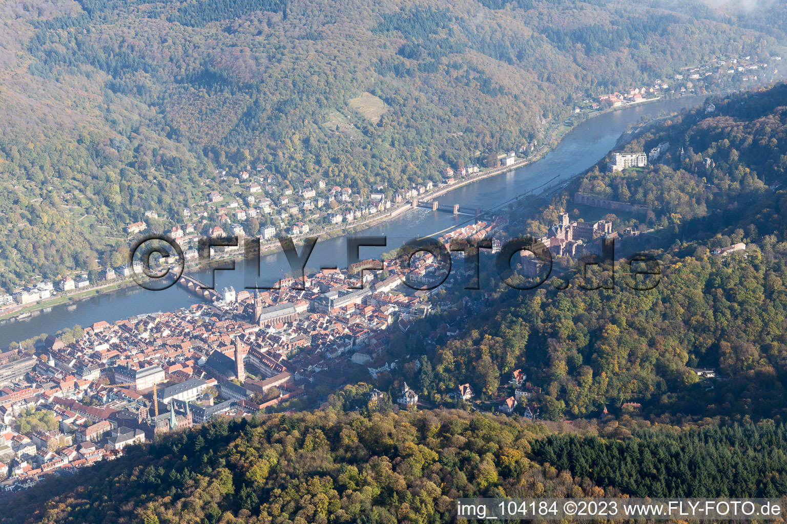 Oblique view of Old town, Old Bridge over the Neckar, Castle in the district Kernaltstadt in Heidelberg in the state Baden-Wuerttemberg, Germany