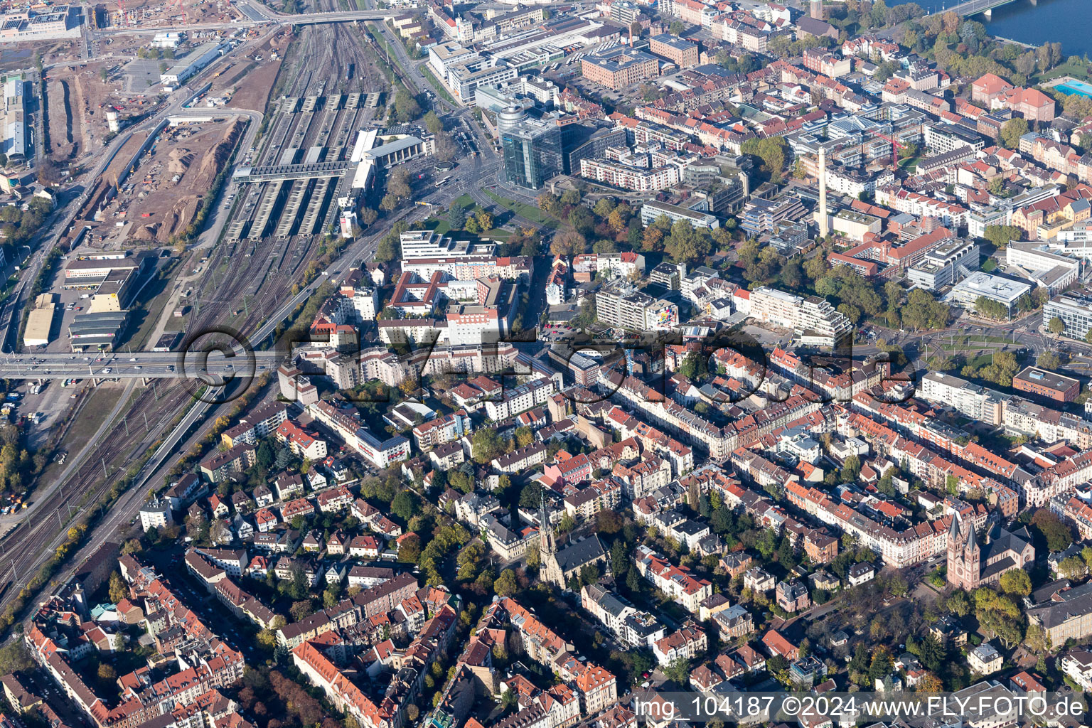 Aerial view of Central Station in the district Weststadt in Heidelberg in the state Baden-Wuerttemberg, Germany