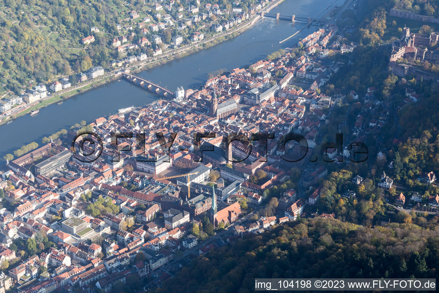 Aerial view of Jesuit Church and Holy Spirit Church in the Old Town in the district Kernaltstadt in Heidelberg in the state Baden-Wuerttemberg, Germany