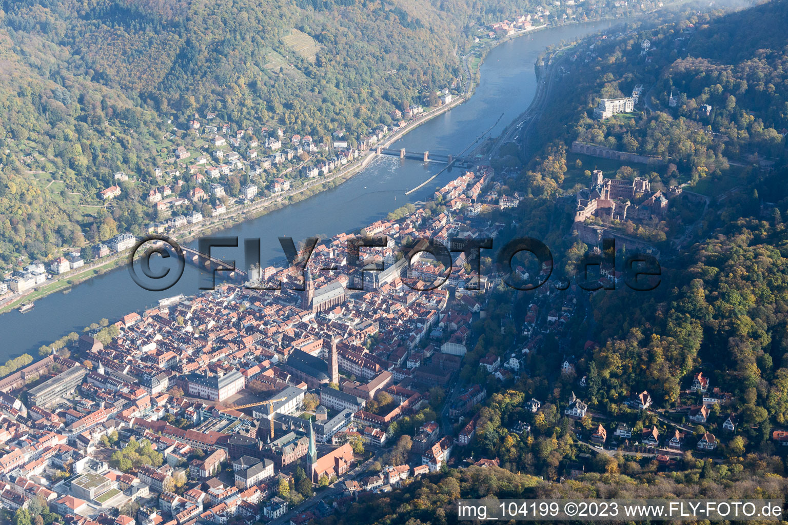 Aerial photograpy of Jesuit Church and Holy Spirit Church in the Old Town in the district Kernaltstadt in Heidelberg in the state Baden-Wuerttemberg, Germany