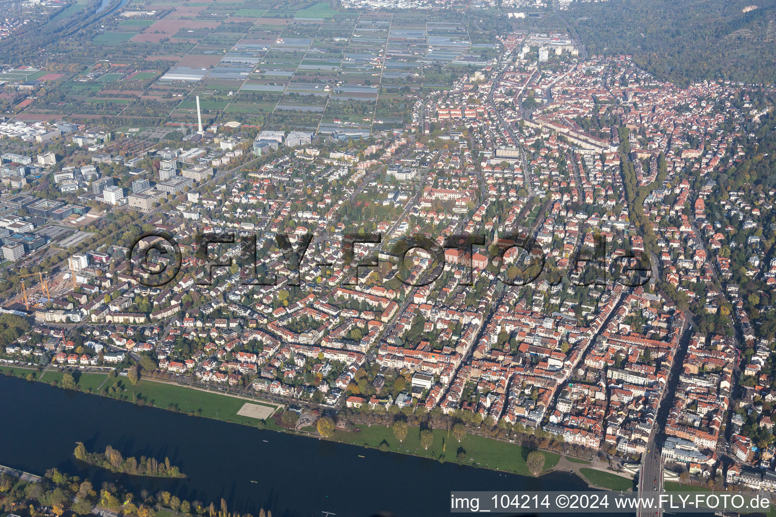 Aerial view of District Neuenheim in Heidelberg in the state Baden-Wuerttemberg, Germany