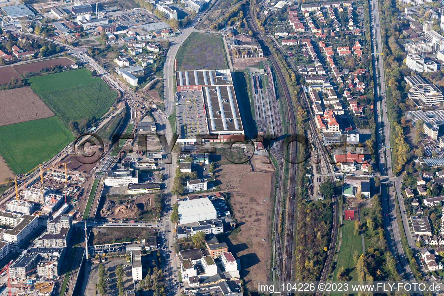 Bird's eye view of District Bahnstadt in Heidelberg in the state Baden-Wuerttemberg, Germany