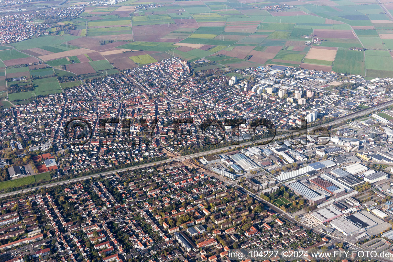 Oblique view of Eppelheim in the state Baden-Wuerttemberg, Germany