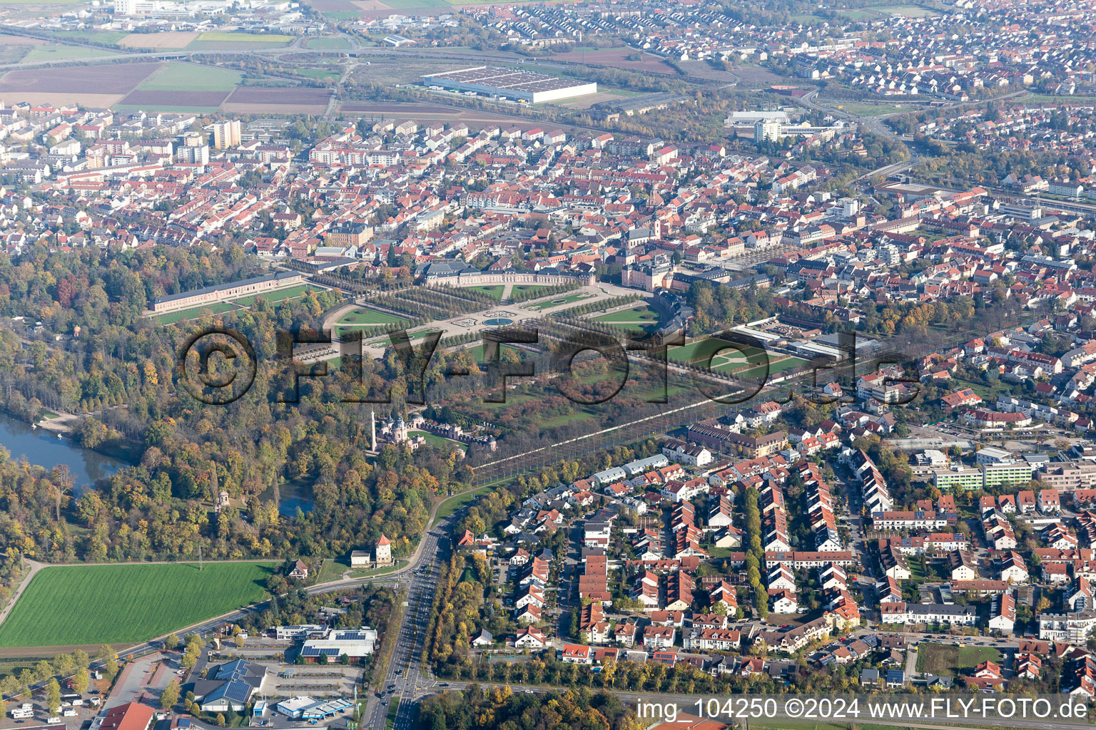 Schwetzingen in the state Baden-Wuerttemberg, Germany seen from a drone