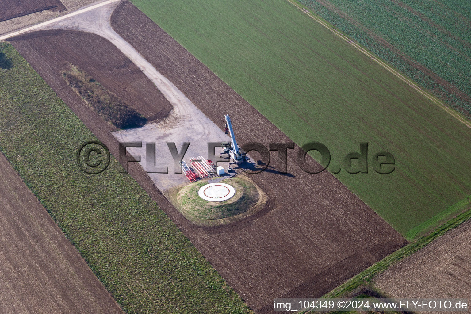 Construction site of the EnBW wind farm Freckenfeld - for a wind turbine with 6 wind turbines in Freckenfeld in the state Rhineland-Palatinate, Germany from the drone perspective