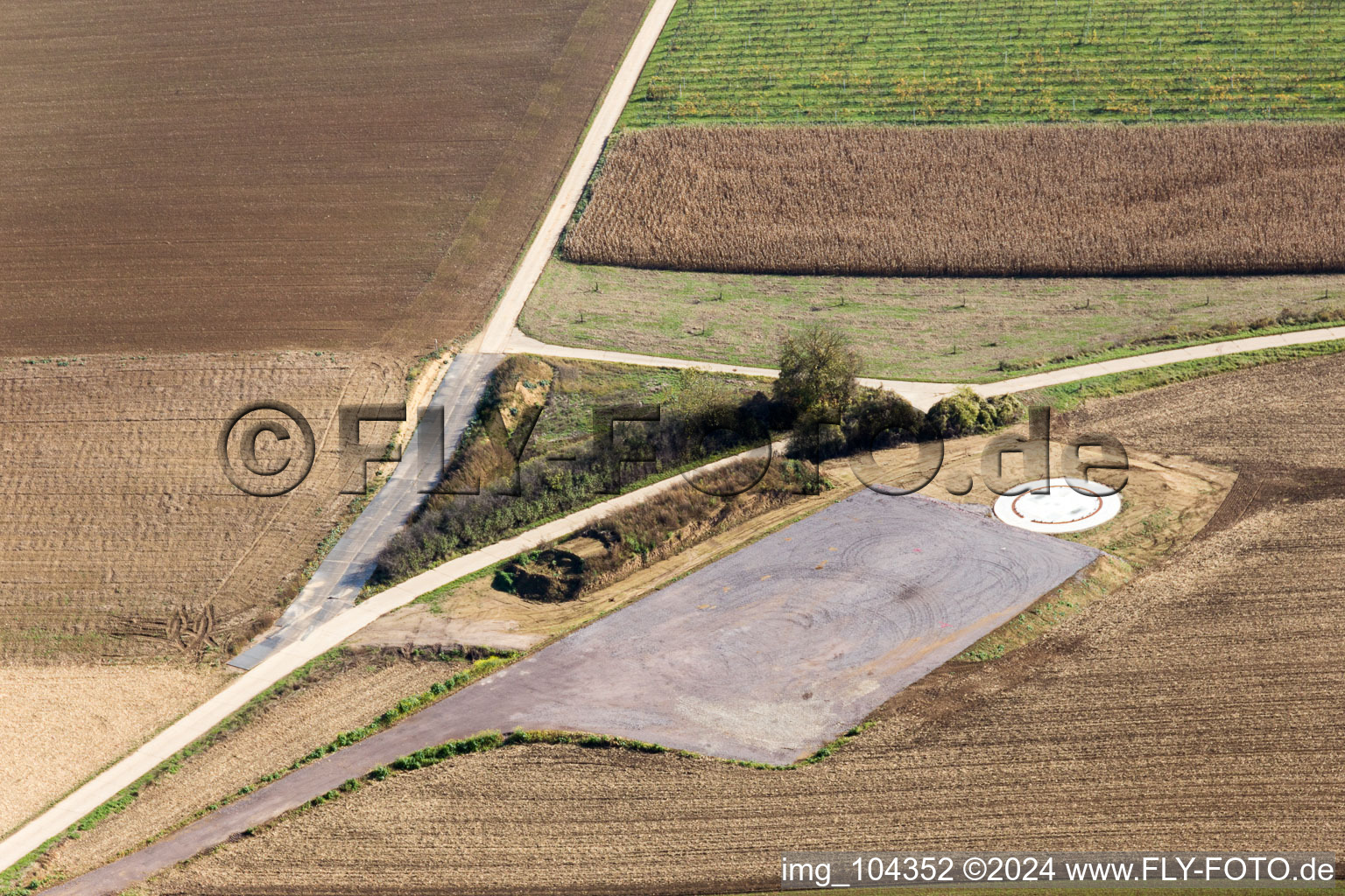 Construction site of the EnBW wind farm Freckenfeld - for wind energy plant with 6 wind turbines in Freckenfeld in the state Rhineland-Palatinate, Germany seen from a drone