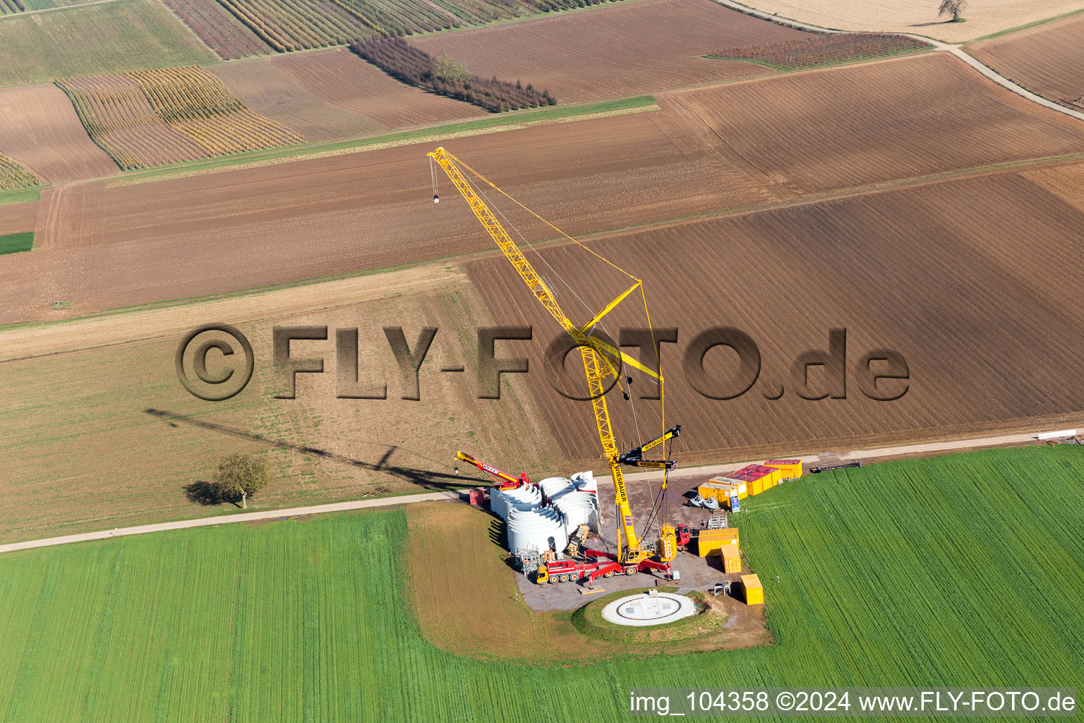 Construction site of the EnBW wind farm Freckenfeld - for a wind turbine with 6 wind turbines in Freckenfeld in the state Rhineland-Palatinate, Germany out of the air
