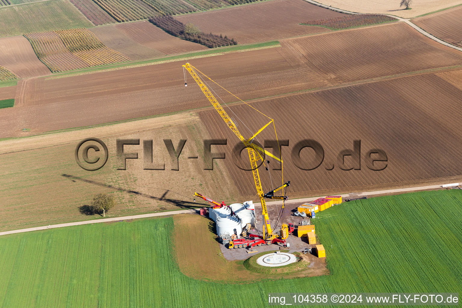 Construction site of the EnBW wind farm Freckenfeld - for wind energy plant with 6 wind turbines in Freckenfeld in the state Rhineland-Palatinate, Germany out of the air