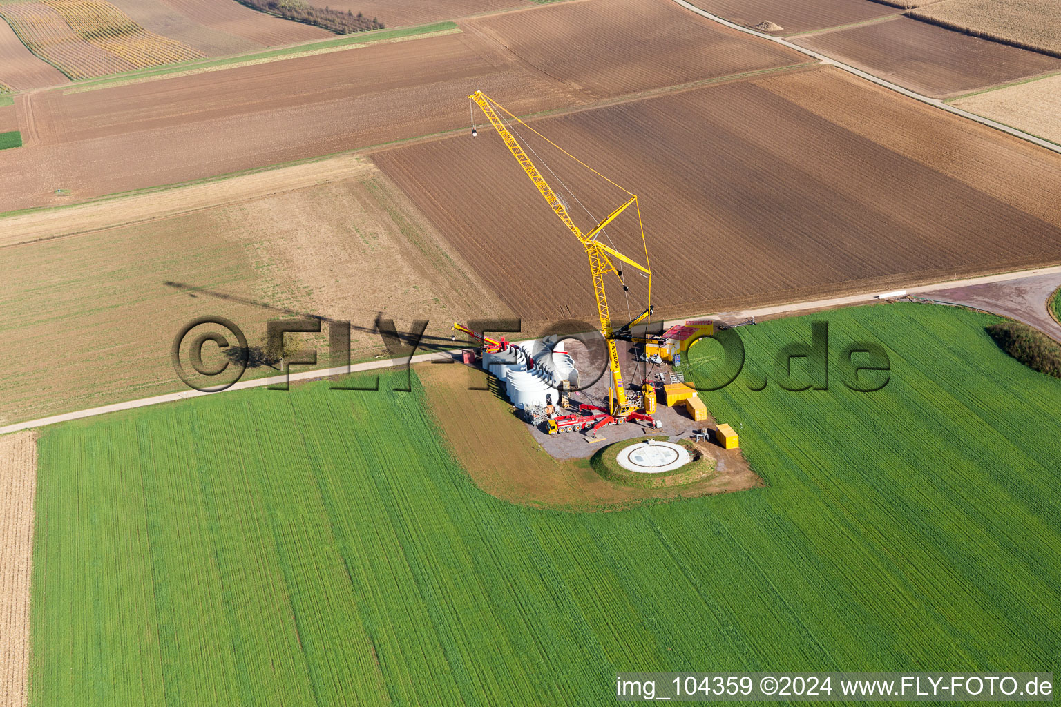 Construction site of the EnBW wind farm Freckenfeld - for wind energy plant with 6 wind turbines in Freckenfeld in the state Rhineland-Palatinate, Germany seen from above