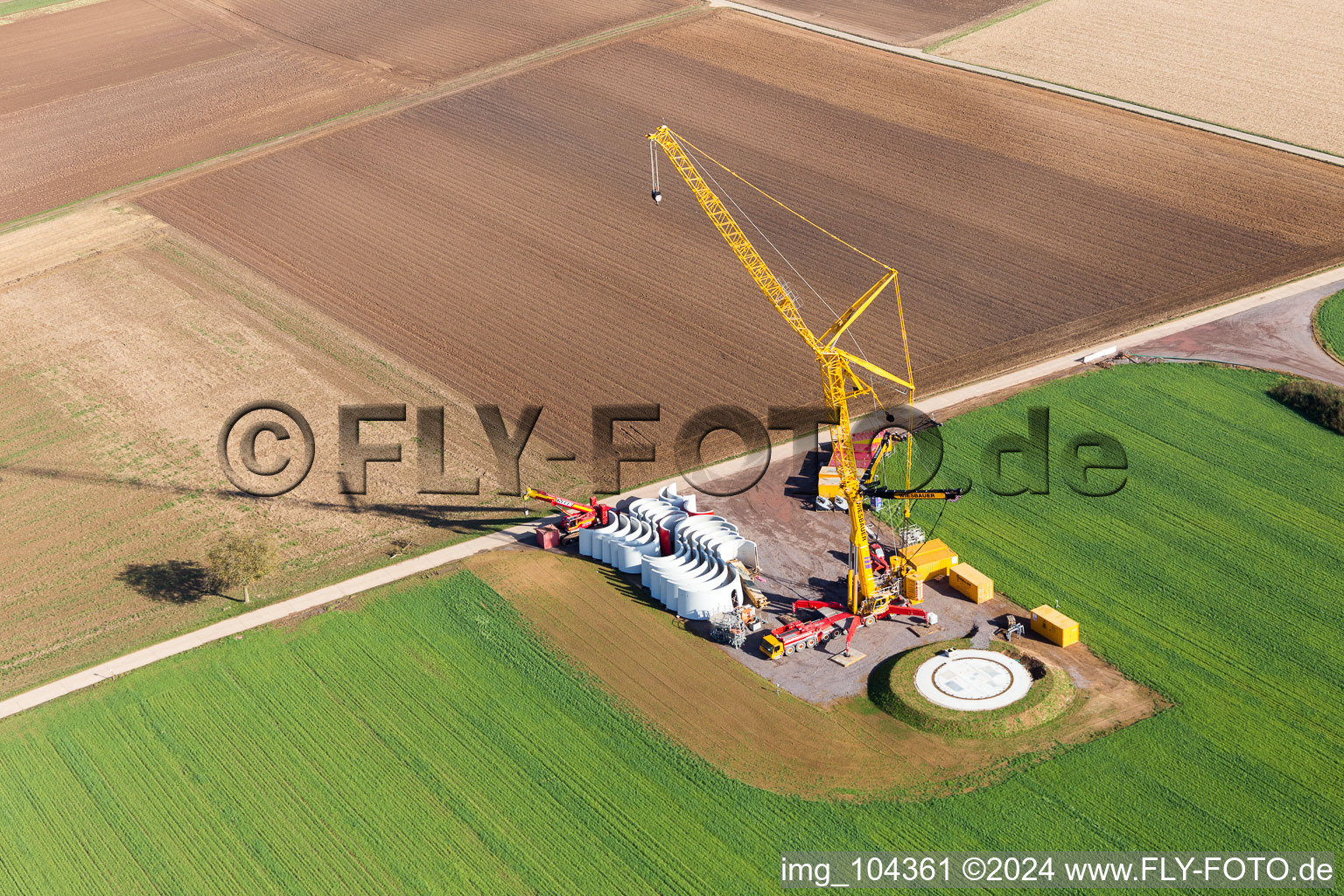 Construction site of the EnBW wind farm Freckenfeld - for a wind turbine with 6 wind turbines in Freckenfeld in the state Rhineland-Palatinate, Germany from the plane