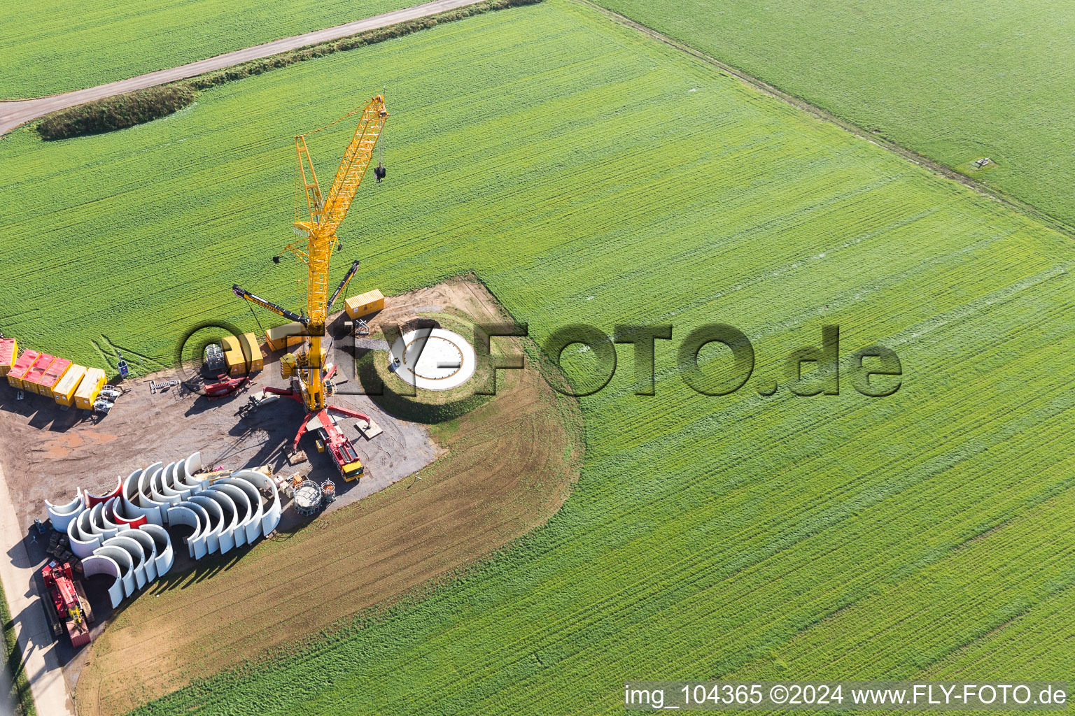 Construction site of the EnBW wind farm Freckenfeld - for a wind turbine with 6 wind turbines in Freckenfeld in the state Rhineland-Palatinate, Germany viewn from the air