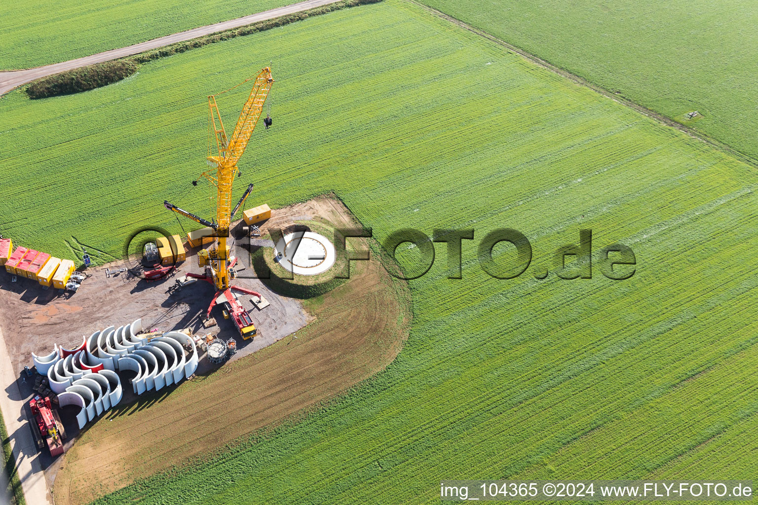 Construction site of the EnBW wind farm Freckenfeld - for wind energy plant with 6 wind turbines in Freckenfeld in the state Rhineland-Palatinate, Germany viewn from the air