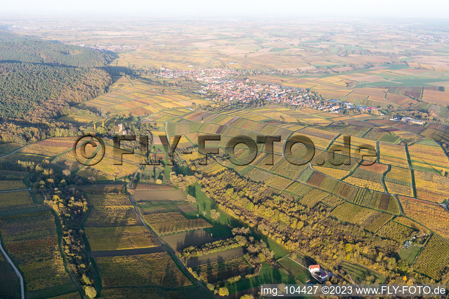 Oblique view of Sonnenberg in the district Schweigen in Schweigen-Rechtenbach in the state Rhineland-Palatinate, Germany