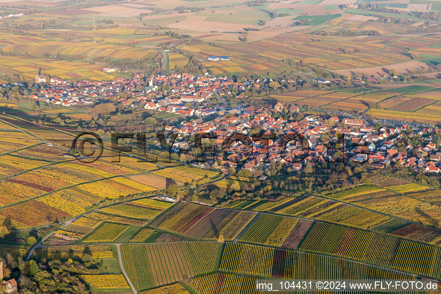 Aerial view of Village - view on the edge of wine yards in Schweigen in the state Rhineland-Palatinate, Germany