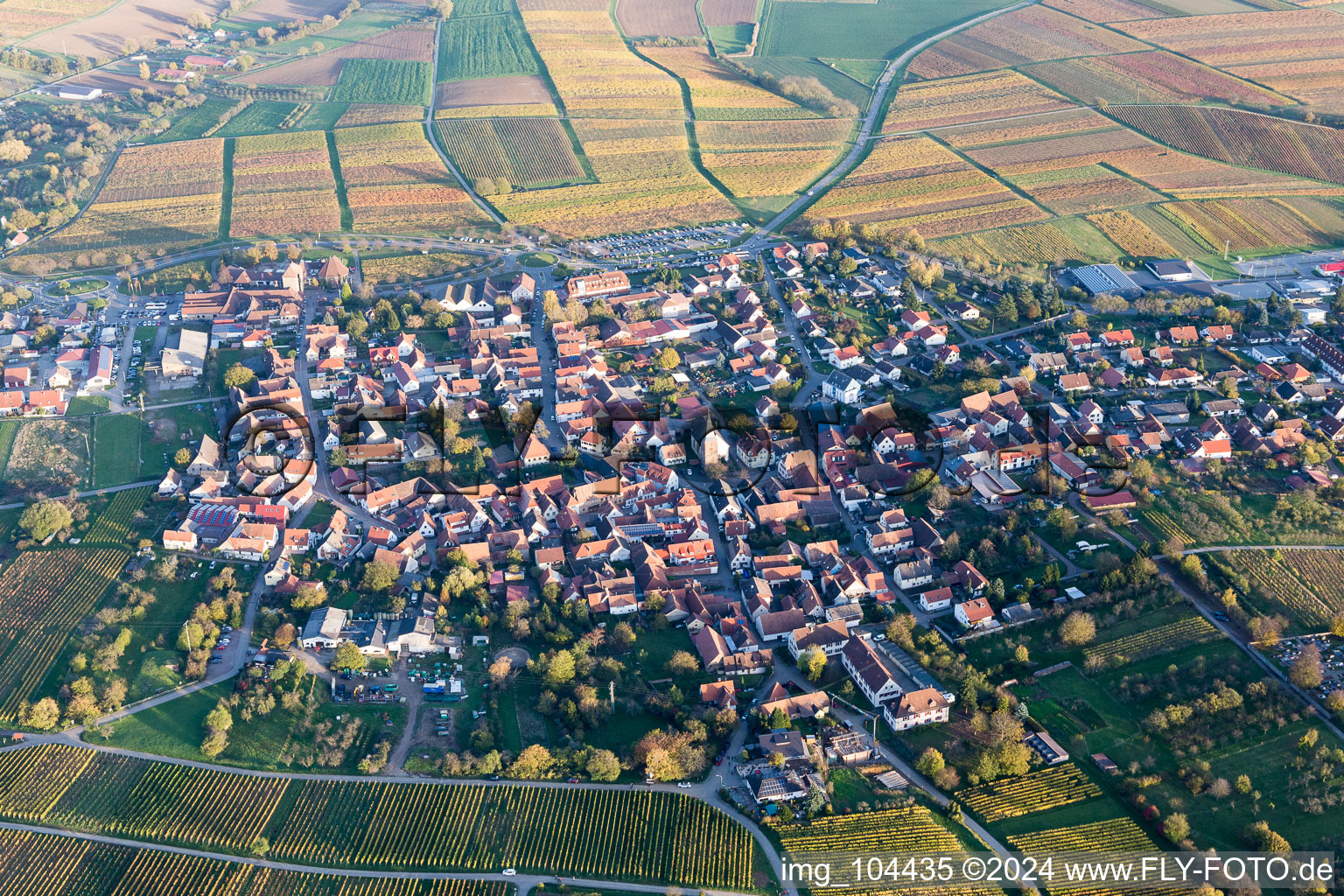 District Schweigen in Schweigen-Rechtenbach in the state Rhineland-Palatinate, Germany seen from above