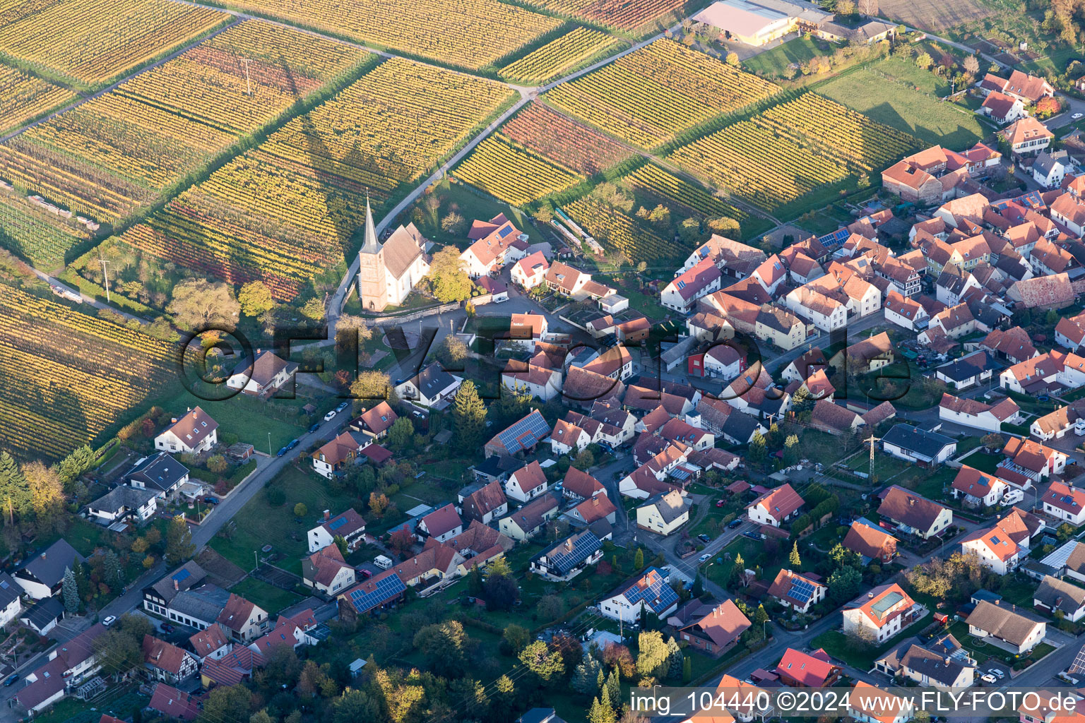 District Schweigen in Schweigen-Rechtenbach in the state Rhineland-Palatinate, Germany viewn from the air