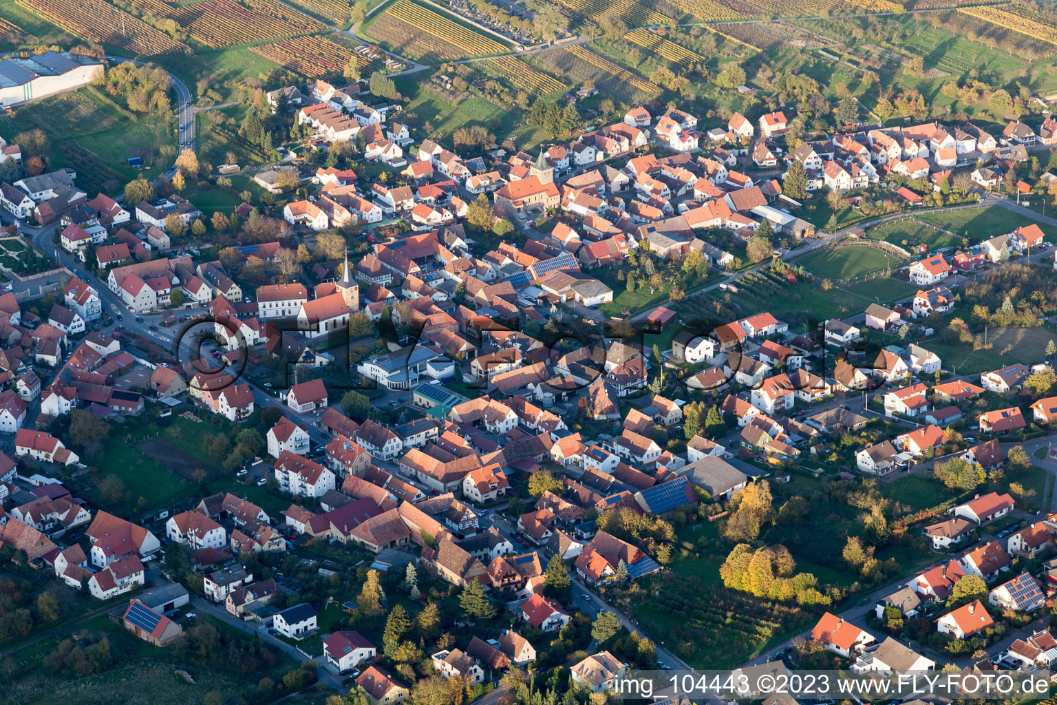 District Rechtenbach in Schweigen-Rechtenbach in the state Rhineland-Palatinate, Germany seen from above
