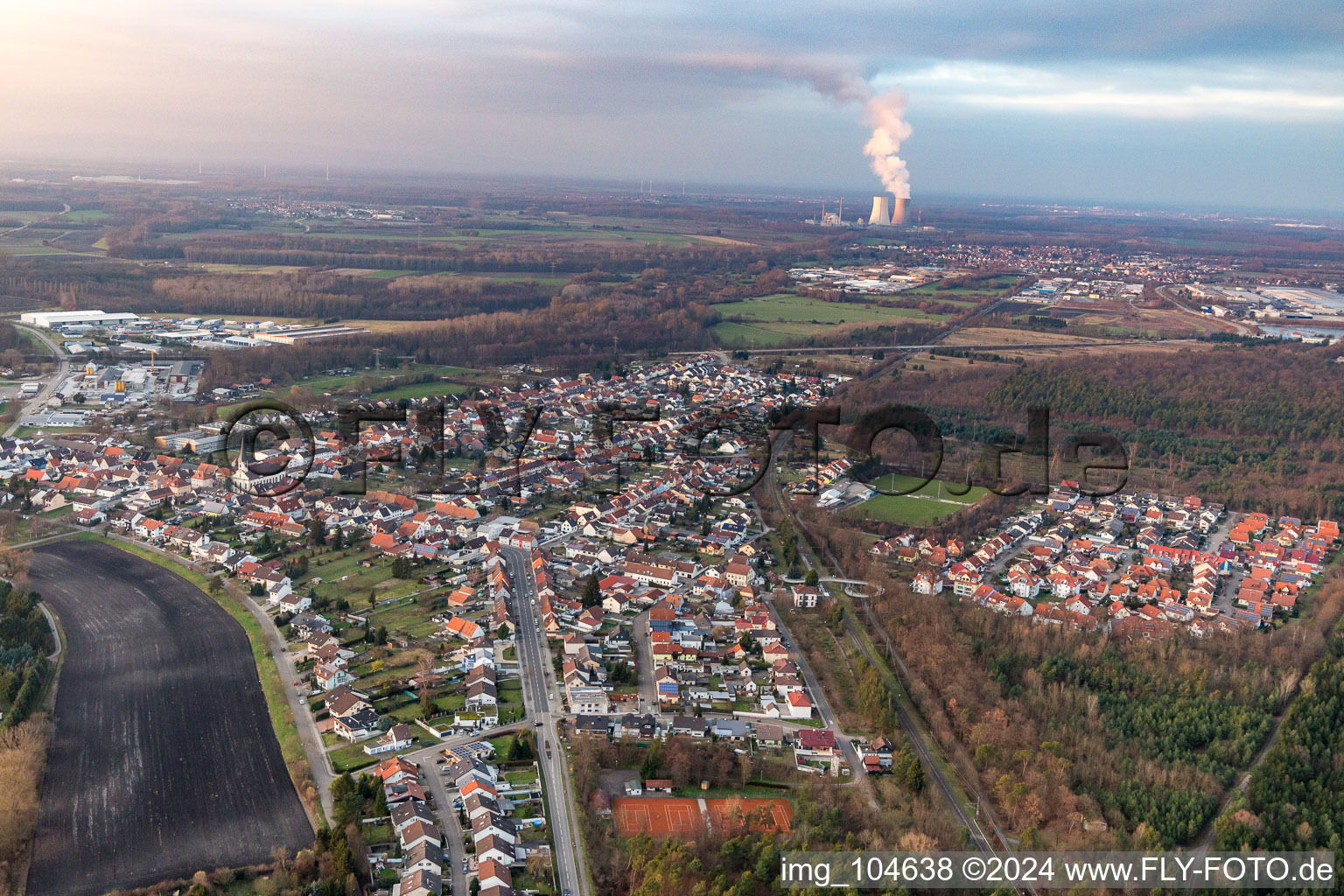 Aerial photograpy of From the southwest in the district Huttenheim in Philippsburg in the state Baden-Wuerttemberg, Germany