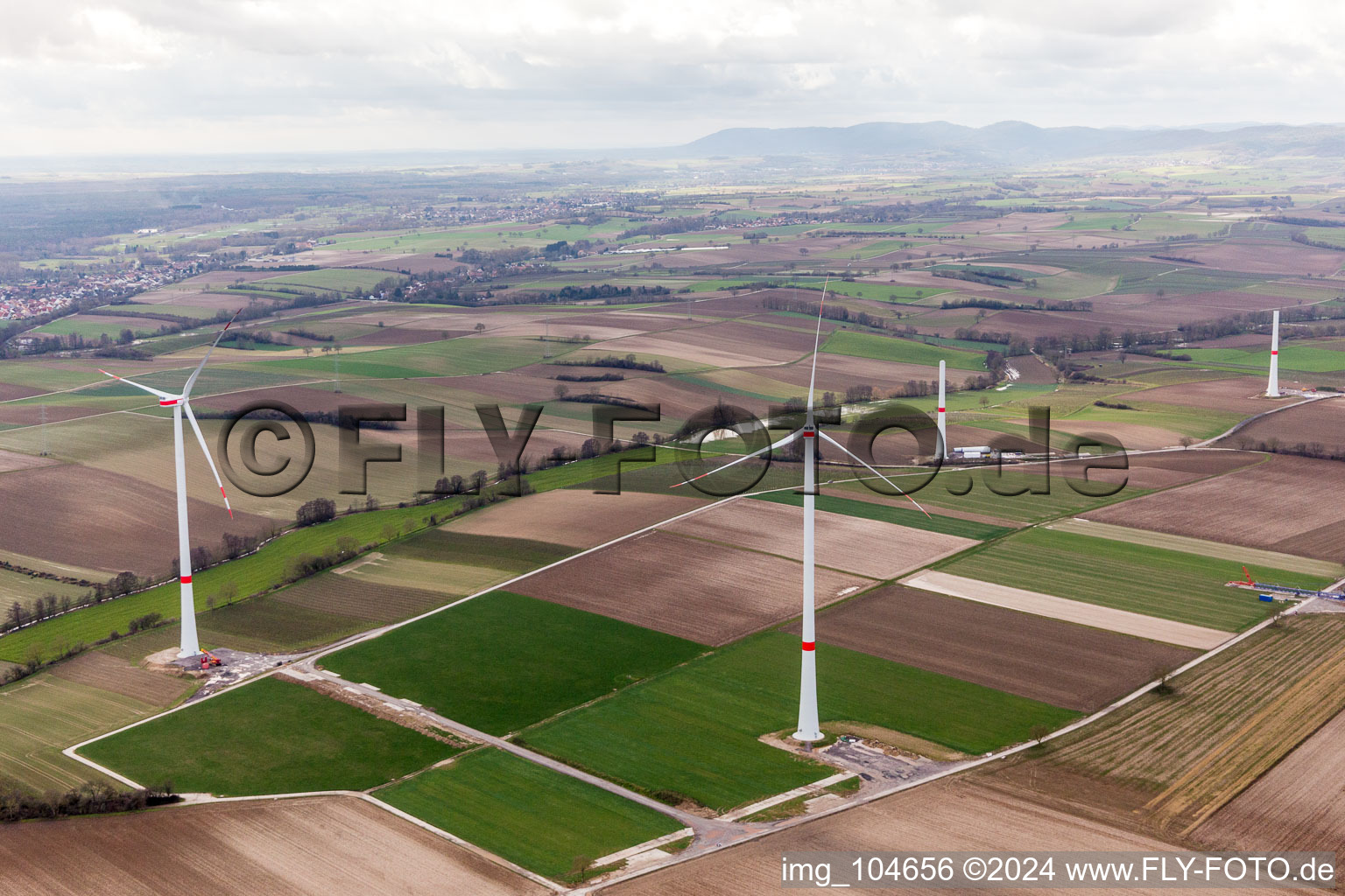 Drone image of Construction site of the EnBW wind farm Freckenfeld - for a wind turbine with 6 wind turbines in Freckenfeld in the state Rhineland-Palatinate, Germany