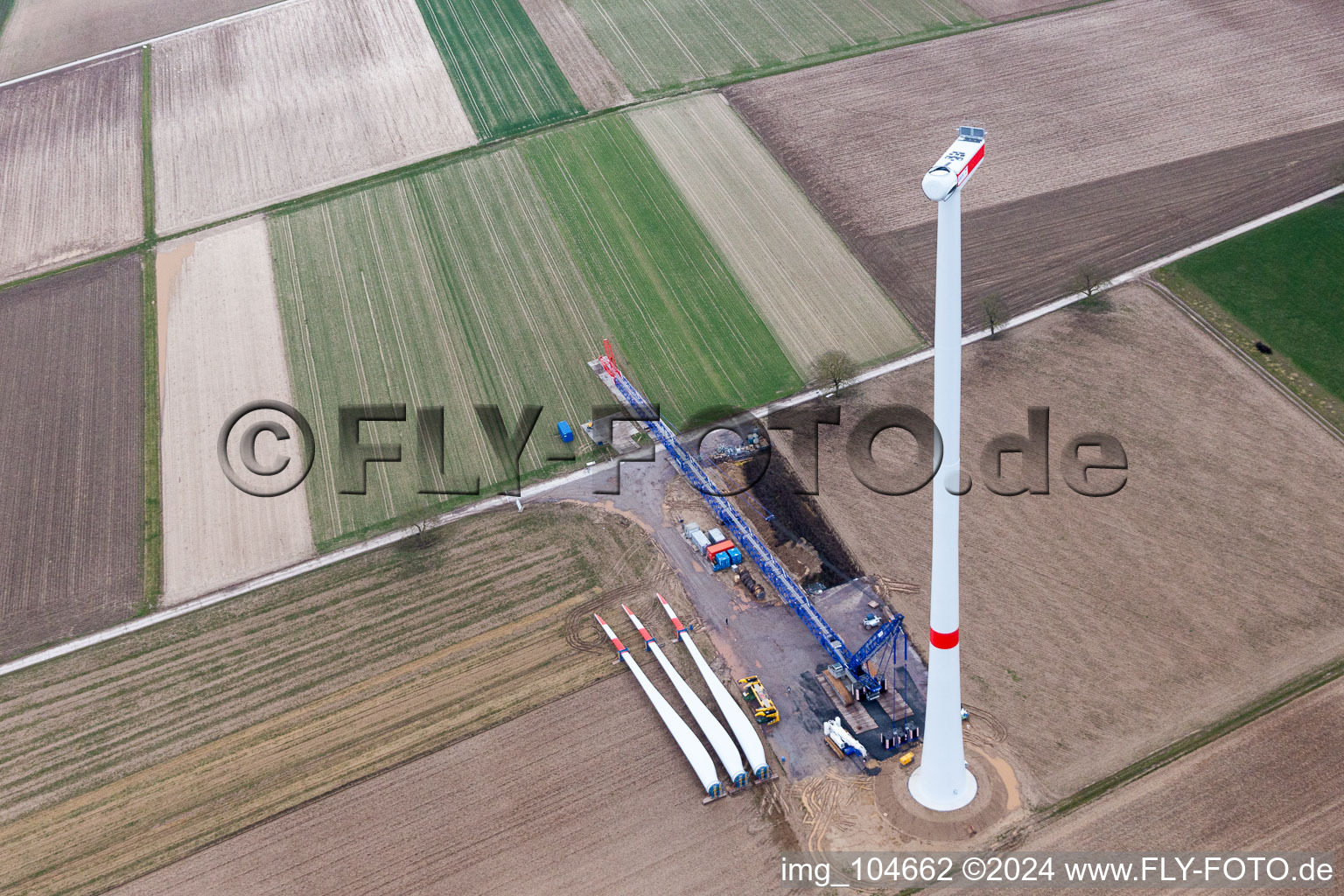 Construction site of the EnBW wind farm Freckenfeld - for wind energy plant with 6 wind turbines in Freckenfeld in the state Rhineland-Palatinate, Germany from a drone