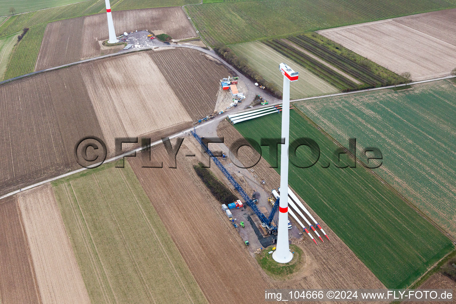 Aerial view of Construction site of the EnBW wind farm Freckenfeld - for wind energy plant with 6 wind turbines in Freckenfeld in the state Rhineland-Palatinate, Germany