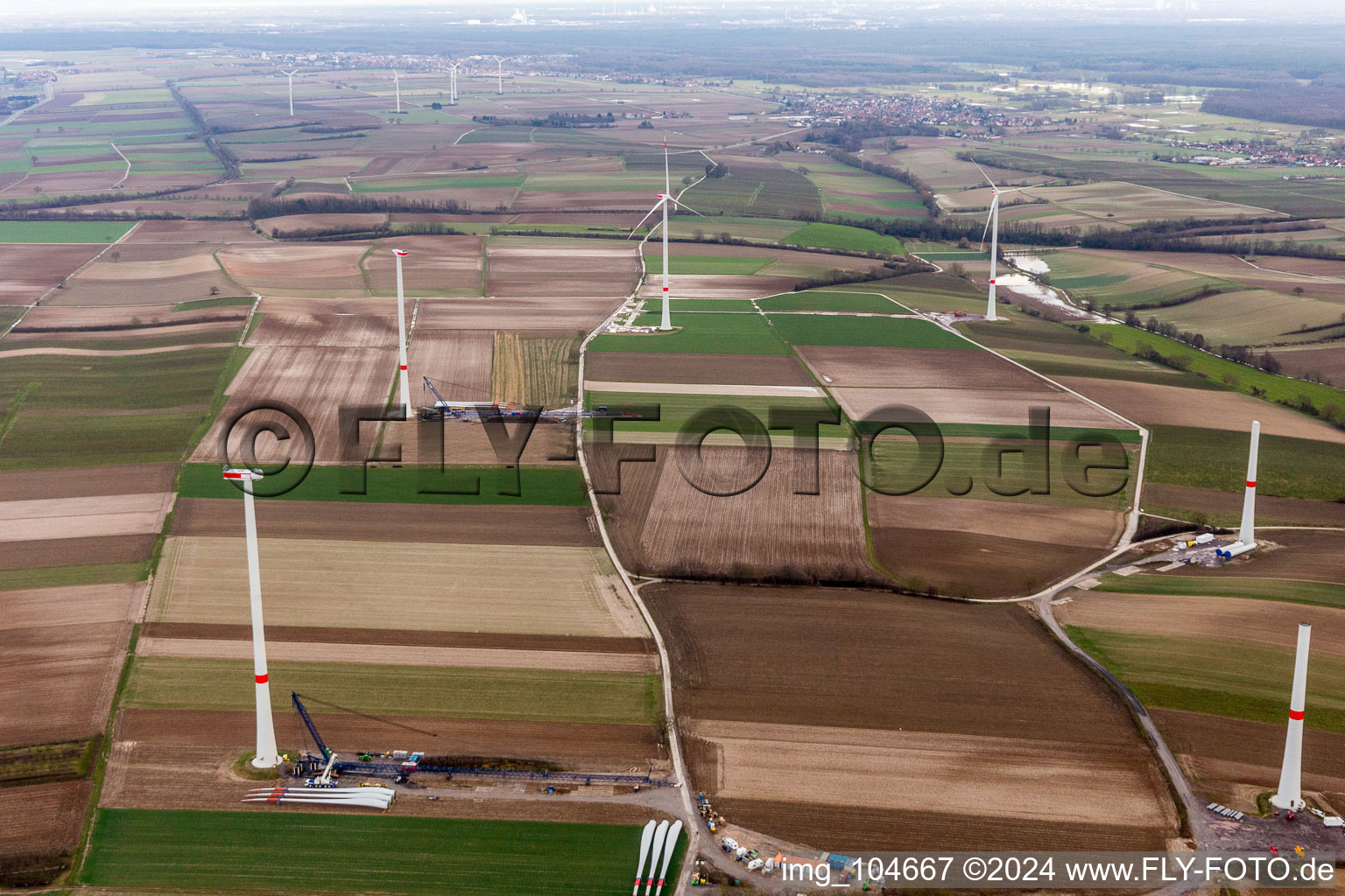 Aerial photograpy of Construction site of the EnBW wind farm Freckenfeld - for a wind turbine with 6 wind turbines in Freckenfeld in the state Rhineland-Palatinate, Germany