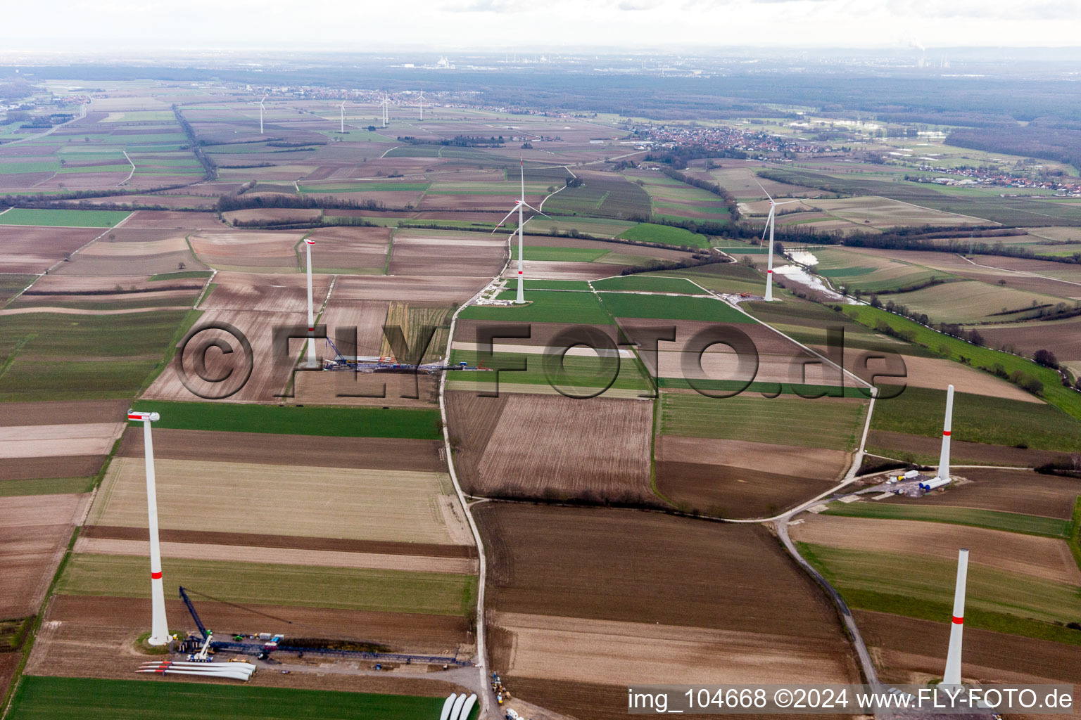 Oblique view of Construction site of the EnBW wind farm Freckenfeld - for a wind turbine with 6 wind turbines in Freckenfeld in the state Rhineland-Palatinate, Germany