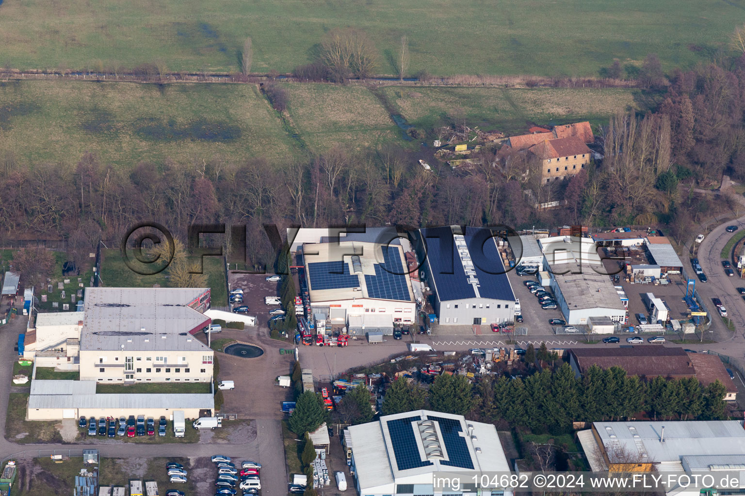 Horst industrial area in the district Minderslachen in Kandel in the state Rhineland-Palatinate, Germany seen from above