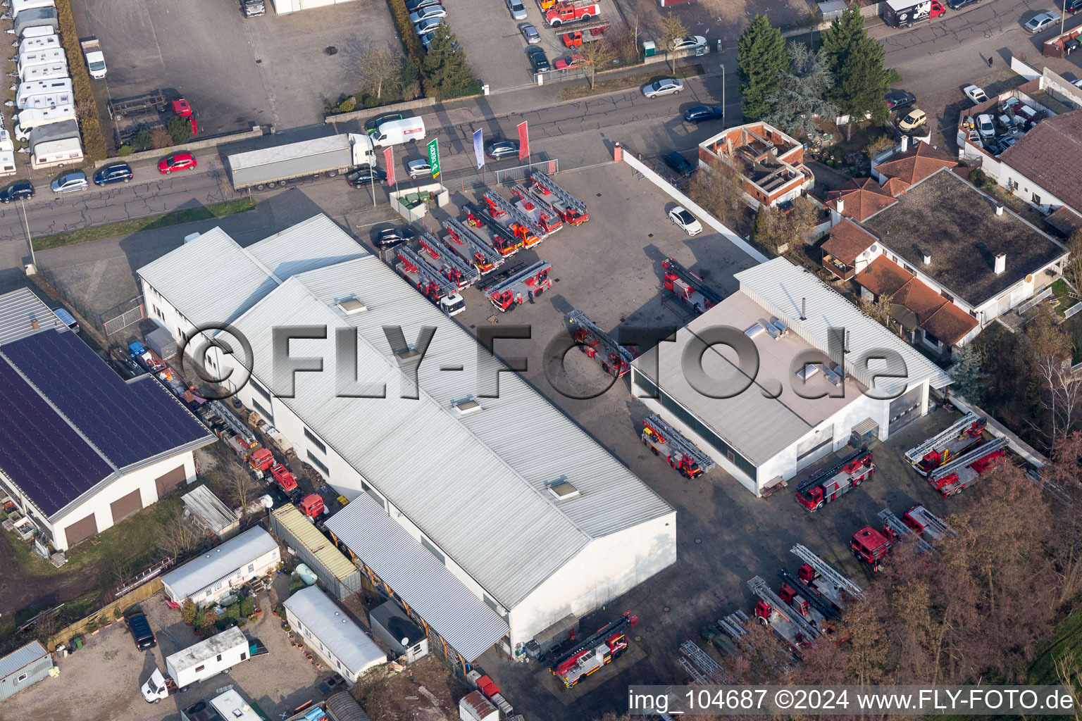 Aerial view of Minderlachen, Horst industrial estate, turntable ladder workshop Beitel and Stier GmbH in the district Minderslachen in Kandel in the state Rhineland-Palatinate, Germany