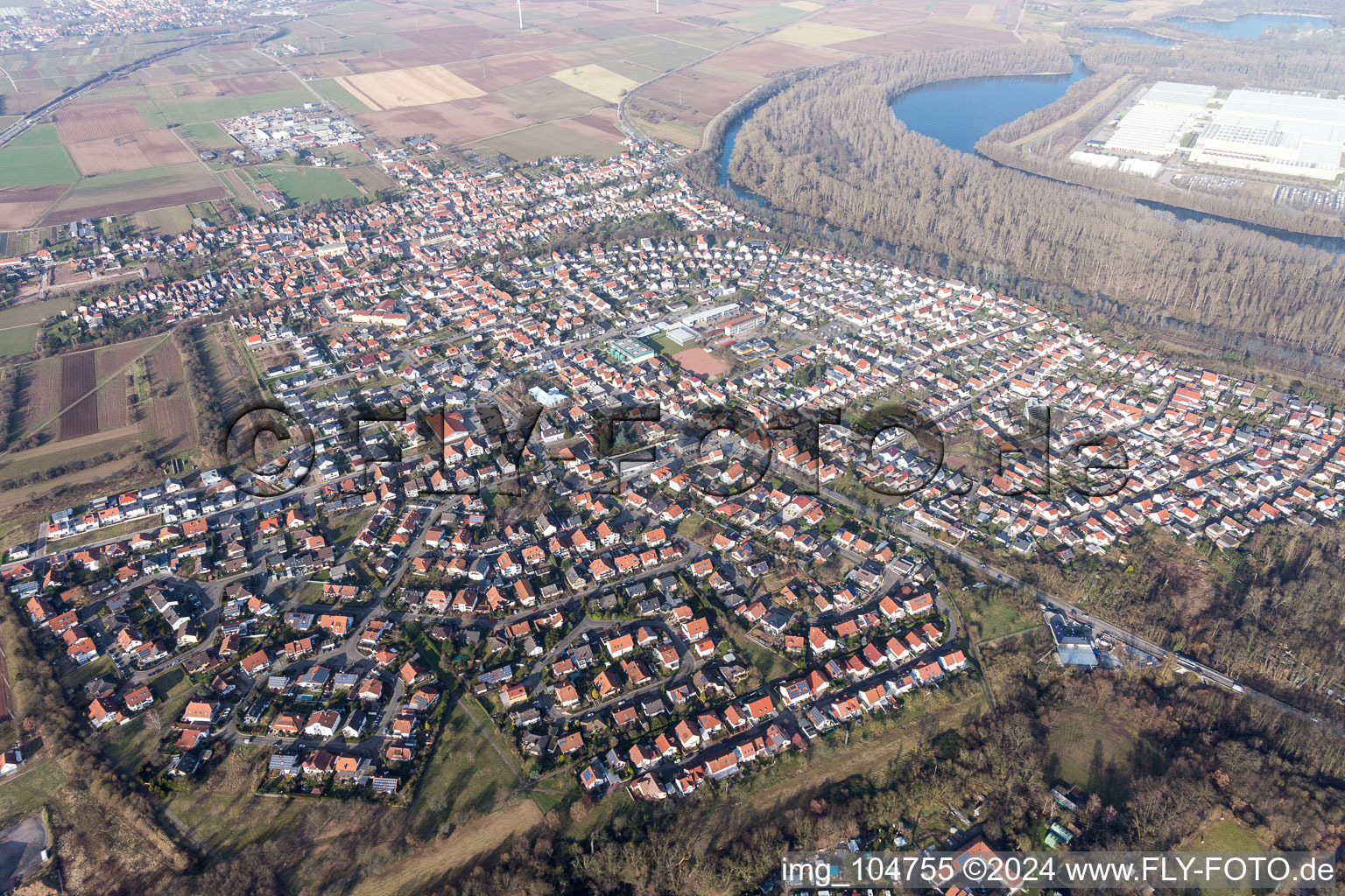 Bird's eye view of Lingenfeld in the state Rhineland-Palatinate, Germany