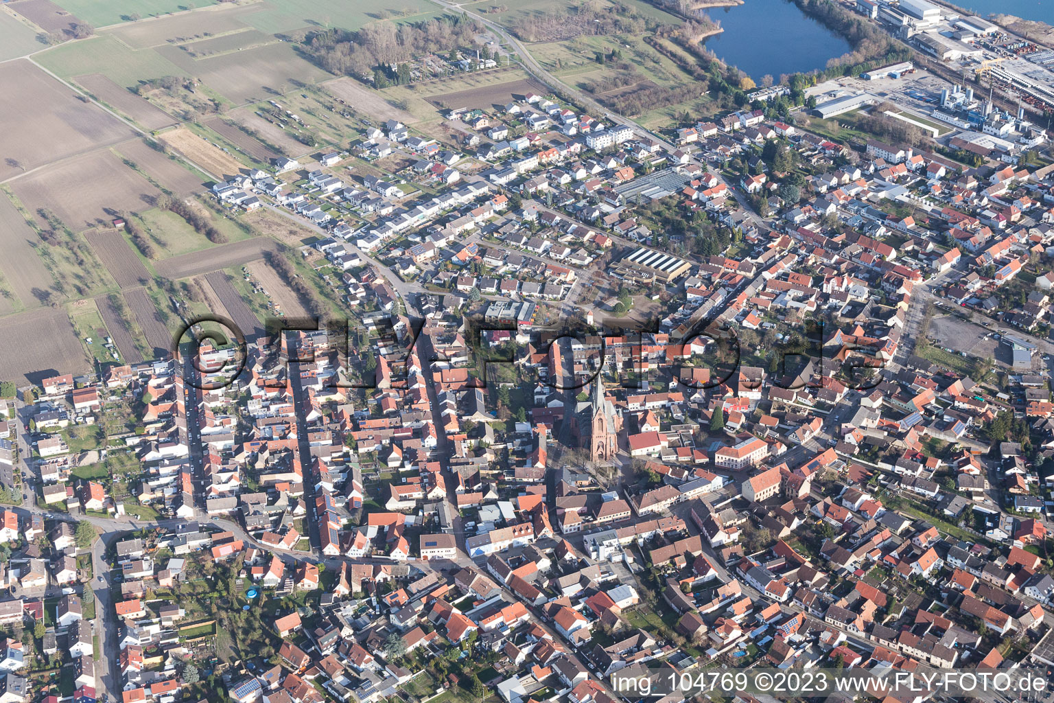 District Rheinsheim in Philippsburg in the state Baden-Wuerttemberg, Germany from above