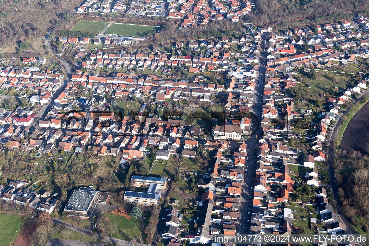 Bird's eye view of District Huttenheim in Philippsburg in the state Baden-Wuerttemberg, Germany