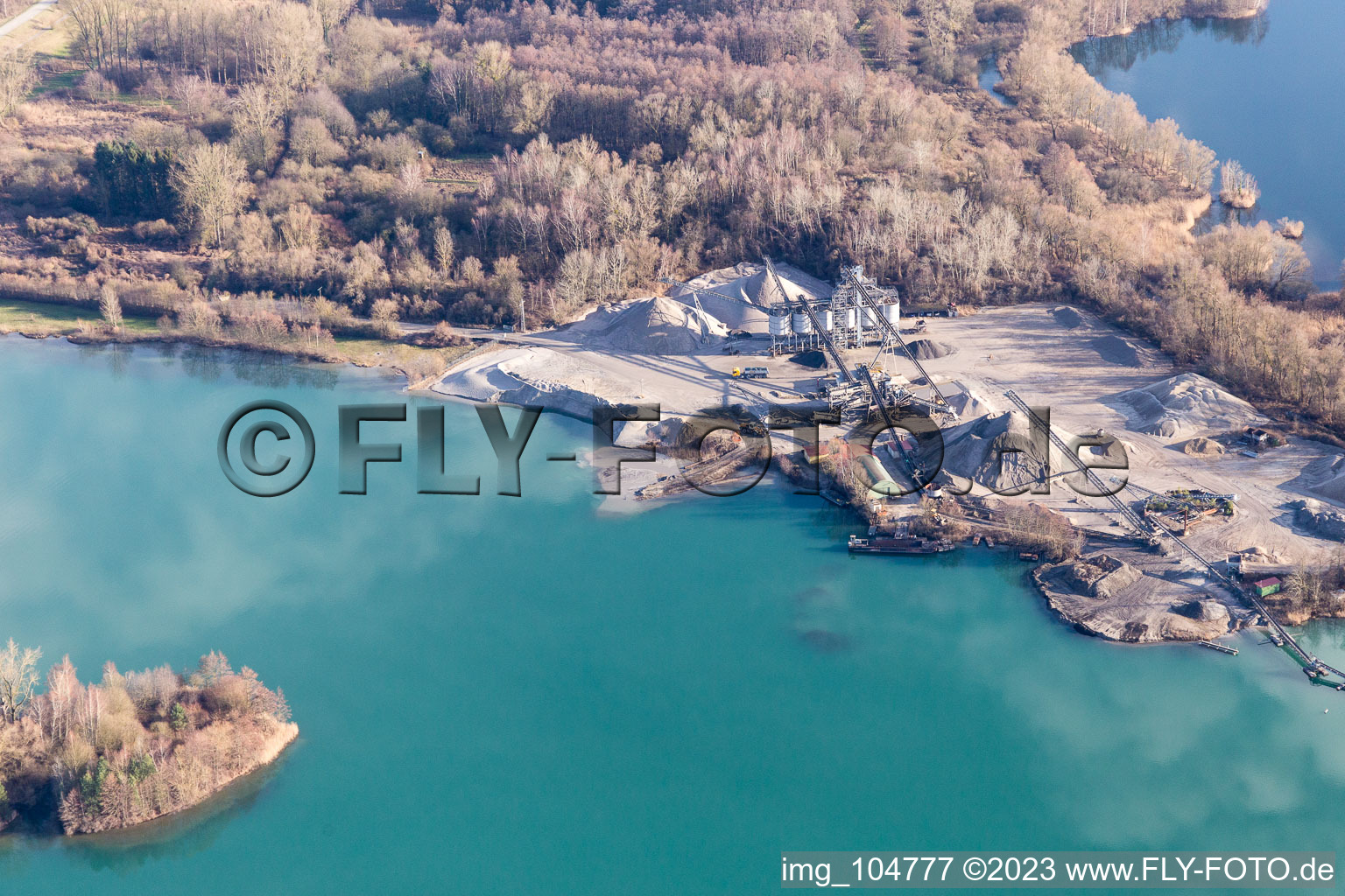 Aerial view of Huttenheim, gravel works at the quarry pond in the district Neudorf in Graben-Neudorf in the state Baden-Wuerttemberg, Germany