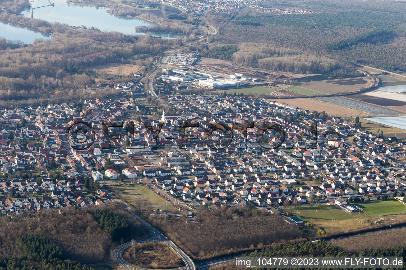 Drone recording of District Neudorf in Graben-Neudorf in the state Baden-Wuerttemberg, Germany