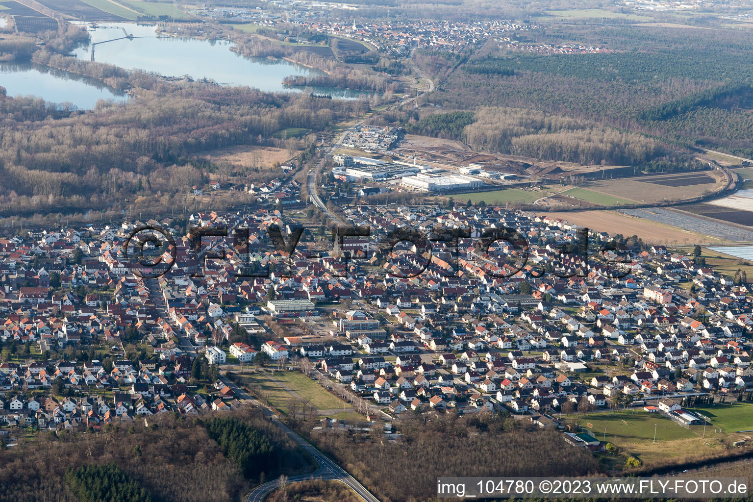 Drone image of District Neudorf in Graben-Neudorf in the state Baden-Wuerttemberg, Germany