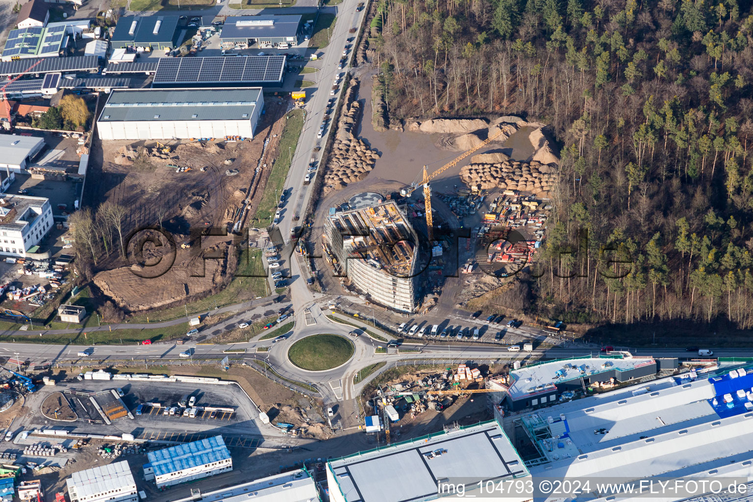 Extension - new building - construction site on the factory premises of SEW-EURODRIVE GmbH & Co KG in Graben-Neudorf in the state Baden-Wurttemberg, Germany from the plane