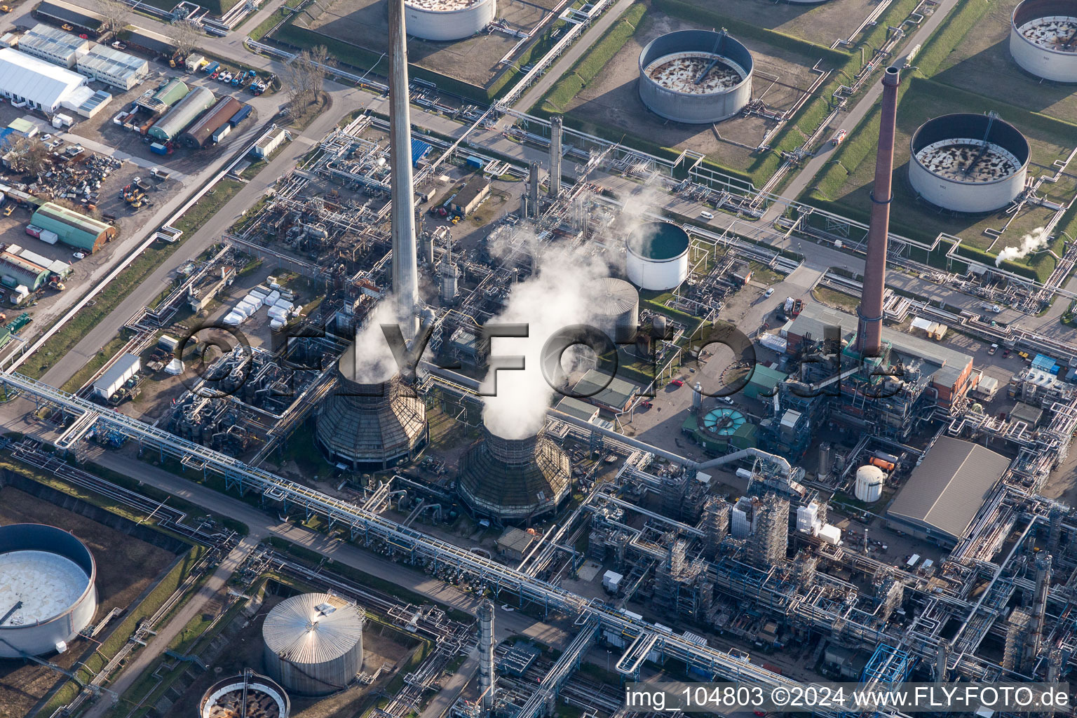 Oblique view of MIRO Oil Refinery in the district Knielingen in Karlsruhe in the state Baden-Wuerttemberg, Germany