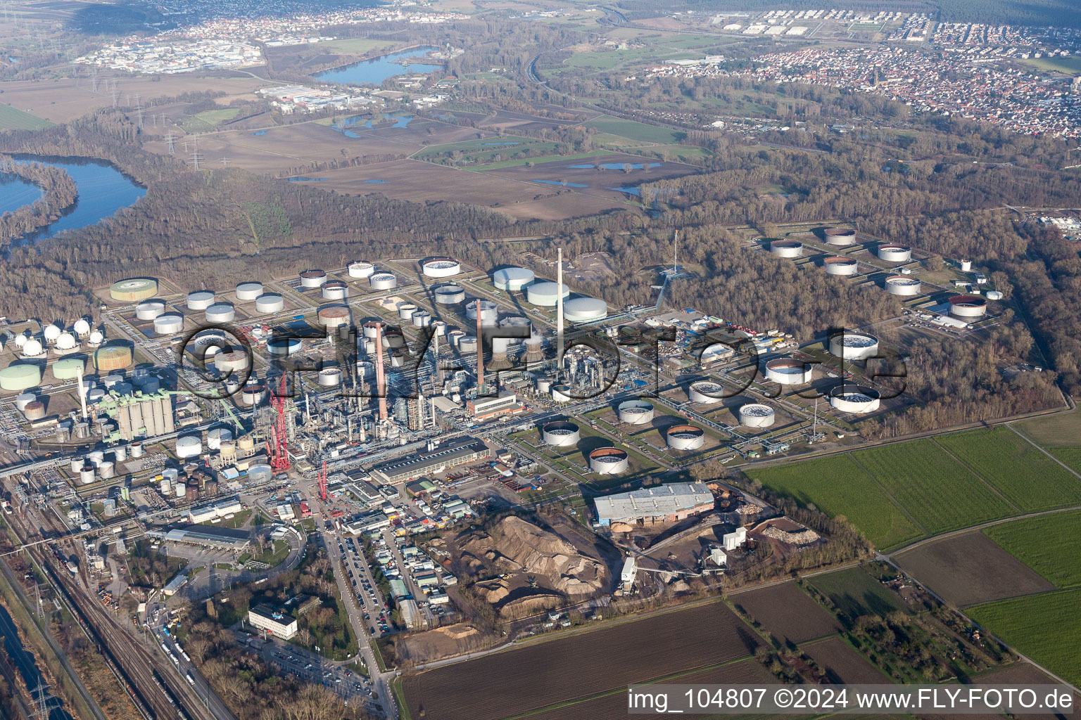 MIRO Oil Refinery in the district Knielingen in Karlsruhe in the state Baden-Wuerttemberg, Germany from the plane