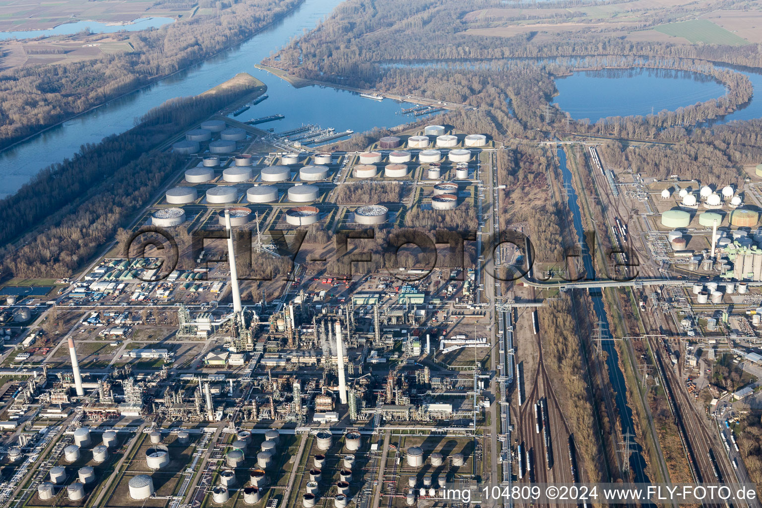 MIRO oil refinery in the district Knielingen in Karlsruhe in the state Baden-Wuerttemberg, Germany viewn from the air